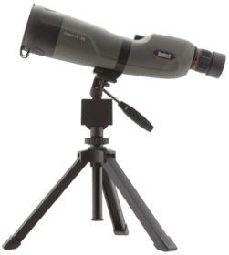 Bushnell Trophy Xtreme 20-60x 65mm objective angled spotting scope features a tripod and mounting base